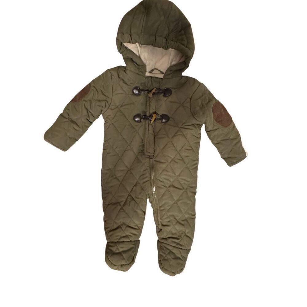 Perry Ellis Boys Infant Green Quilted Hooded Overall Pram Snowsuit Size 3/6M